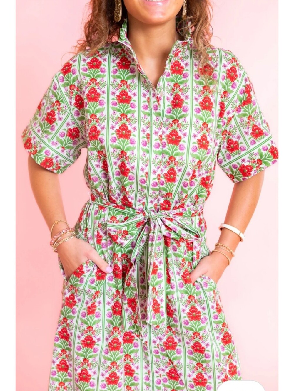 Mod’s Mahal Women’s Midi Shirt Dress English Garden Size XS Pink Green Floral - Picture 2 of 14
